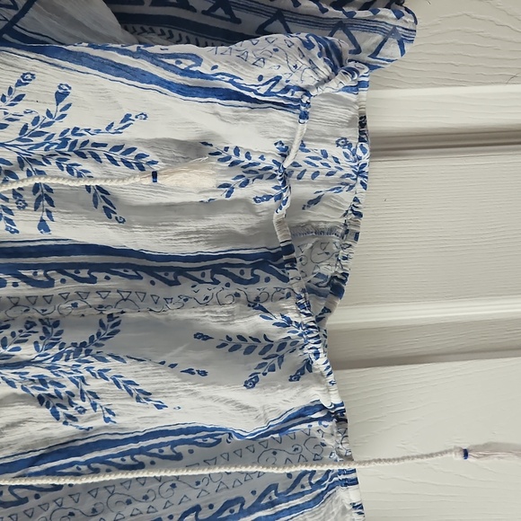 Free People White and Blue Bell Sleeve Blouse with Tie Front - Picture 3 of 8